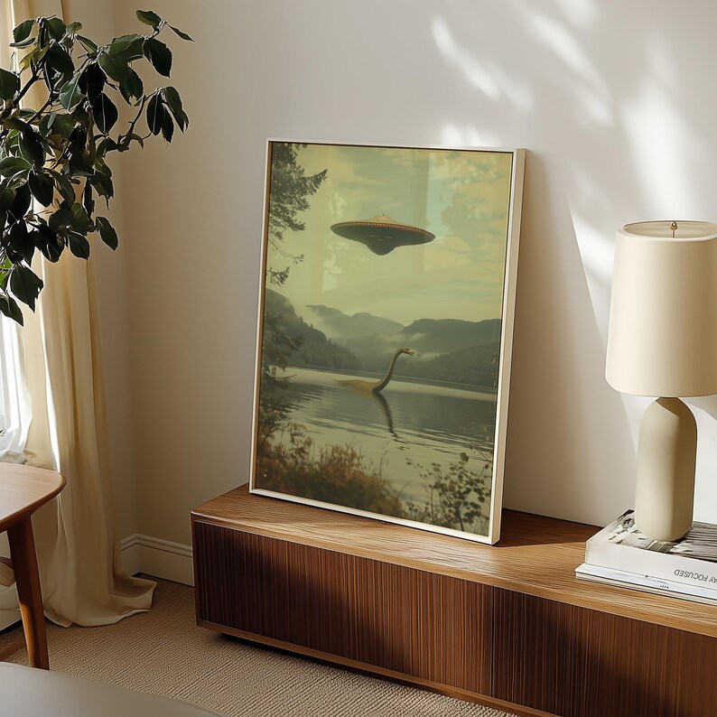 K&ouml;nnte beinhalten: Ein gerahmter Druck eines gr&uuml;nen, serpentinenartigen Wesens, das in einem See schwimmt, mit einer fliegenden Untertasse dar&uuml;ber. Der Druck ist auf einem Holzregal mit einer Lampe und einem Buch platziert.