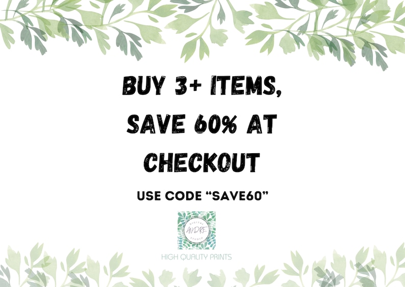 May include: White background with green leaf accents. Bold black text reads: "BUY 3+ ITEMS, SAVE 60% AT CHECKOUT." Below, it says "USE CODE SAVE60." A small logo is at the bottom.