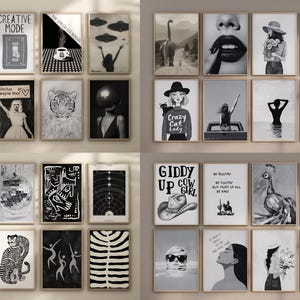 May include: A collection of framed black and white art prints. The prints feature various illustrations, including portraits, animals, and abstract designs. Some prints have text, such as "SPOOKY", "CREATIVE MODE", and "GIDDY UP COW GIRL".