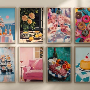 May include: Set of eight framed art prints featuring various still life and food scenes. The prints include a floral arrangement, a glass of wine, a plate of sushi, a pink sofa, a charcuterie board, a plate of donuts, and a cake with a cherry on top.