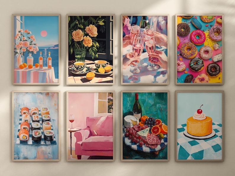 May include: Set of eight framed art prints featuring various still life and food scenes. The prints include a floral arrangement, a glass of wine, a plate of sushi, a pink sofa, a charcuterie board, a plate of donuts, and a cake with a cherry on top.