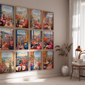 May include: A collection of framed art prints featuring vibrant cityscapes. Each print showcases a different city, with colorful illustrations of balconies, flowers, and urban views. The prints are displayed on a neutral wall, creating a gallery-like aesthetic.