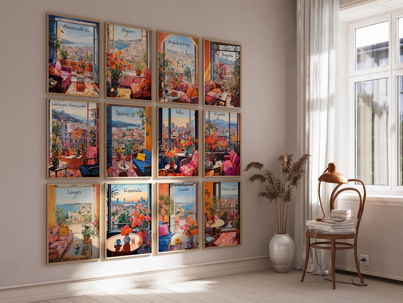 May include: A collection of framed art prints featuring vibrant cityscapes. Each print showcases a different city, with colorful illustrations of balconies, flowers, and urban views. The prints are displayed on a neutral wall, creating a gallery-like aesthetic.