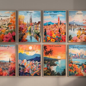 May include: A collage of nine framed paintings depicting various cities around the world. Each painting features a colorful cityscape with a vibrant sky and lush greenery. The cities depicted include Jerusalem, Bruges, Bologna, Geneva, Edinburgh, Bogota, Havti Cara&iuml;be, San Francisco, and others.