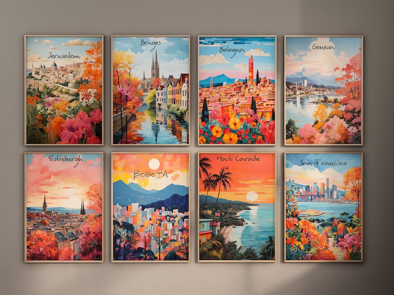 May include: A collage of nine framed paintings depicting various cities around the world. Each painting features a colorful cityscape with a vibrant sky and lush greenery. The cities depicted include Jerusalem, Bruges, Bologna, Geneva, Edinburgh, Bogota, Havti Cara&iuml;be, San Francisco, and others.