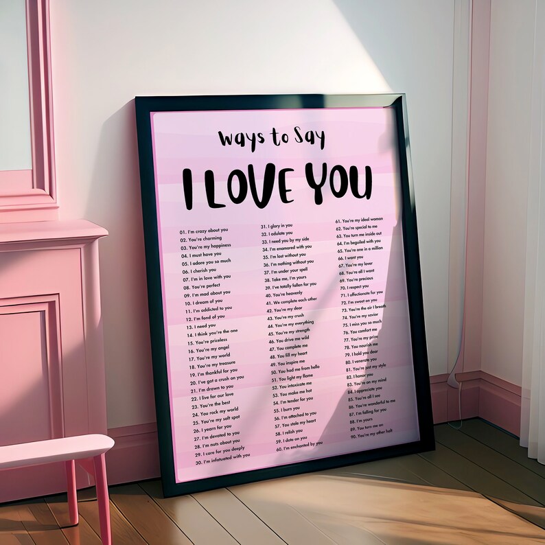 May include: A pink and white printable poster with the text "Ways to Say I Love You" and a list of 100 different ways to say "I love you".