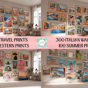 May include: A collection of framed wall art prints featuring travel, Italian, Western, and summer themes. The text reads 1000 TRAVEL PRINTS, 270 WESTERN PRINTS, 300 ITALIAN WALL ART, and 100 SUMMER PRINTS, with a central logo labeled ANDRE.