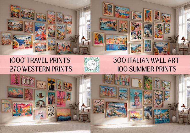 May include: A collection of framed wall art prints featuring travel, Italian, Western, and summer themes. The text reads 1000 TRAVEL PRINTS, 270 WESTERN PRINTS, 300 ITALIAN WALL ART, and 100 SUMMER PRINTS, with a central logo labeled ANDRE.