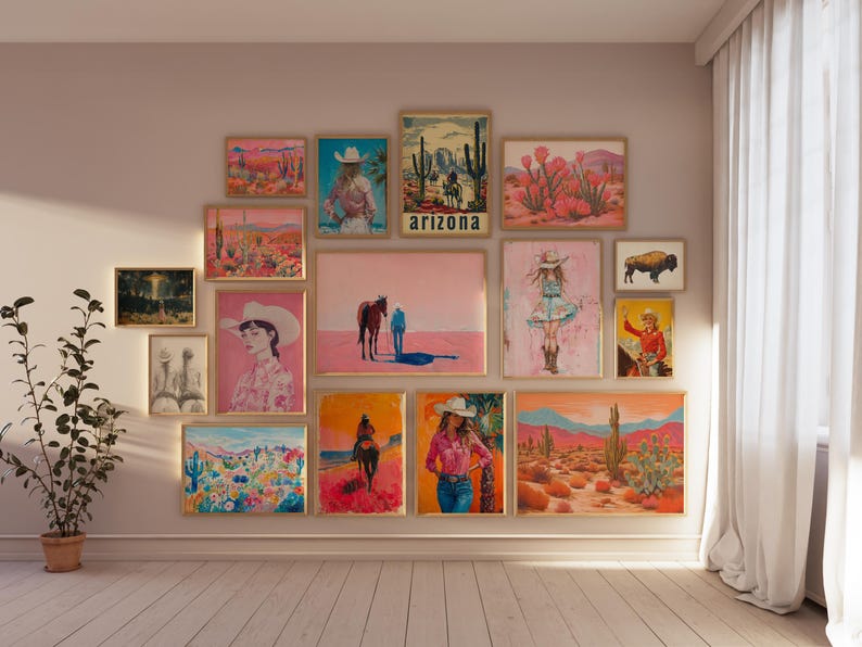 May include: A gallery wall featuring a variety of framed artwork with a western theme. The artwork includes images of cowboys, horses, cacti, and landscapes. The frames are all different colors and sizes, and the artwork is arranged in a visually appealing way.