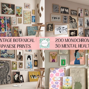 May include: A digital collection of wall art prints featuring 900 vintage botanical illustrations, 700 Japanese prints, 200 monochrome art pieces, and 50 mental health art designs displayed in various framed arrangements on light-colored walls.