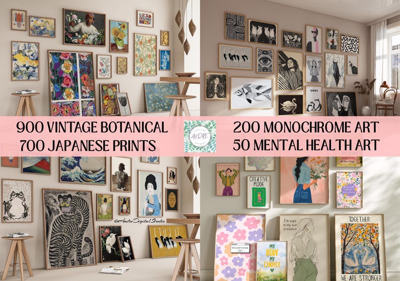 May include: A digital collection of wall art prints featuring 900 vintage botanical illustrations, 700 Japanese prints, 200 monochrome art pieces, and 50 mental health art designs displayed in various framed arrangements on light-colored walls.