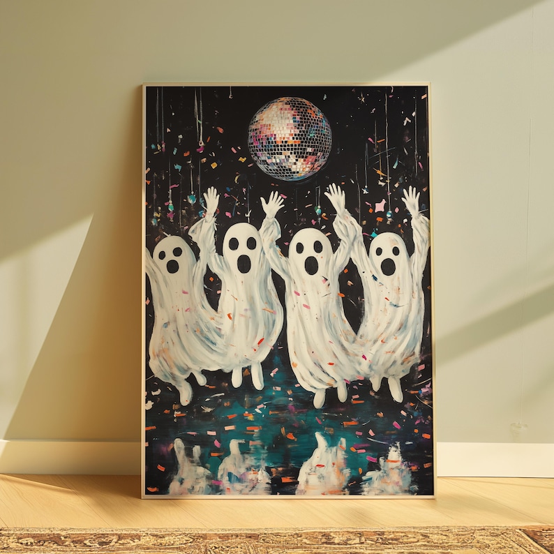 Póster de Halloween con diseño de fantasmas, bola de discoteca, decoración de pared espeluznante, impresión de moda de Halloween, póster estético imprimible para decoración de pared de Halloween imagen 1
