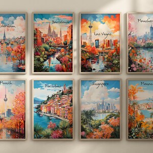 May include: A collection of eight framed paintings depicting cityscapes from around the world. Each painting features a unique city with its iconic landmarks and a vibrant color palette. The paintings are arranged in two rows of four, with each painting showcasing a different city.