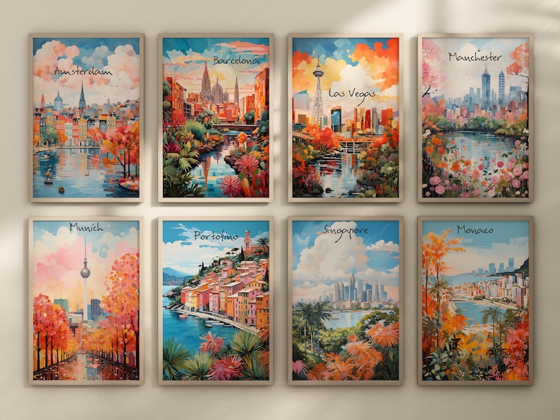 May include: A collection of eight framed paintings depicting cityscapes from around the world. Each painting features a unique city with its iconic landmarks and a vibrant color palette. The paintings are arranged in two rows of four, with each painting showcasing a different city.