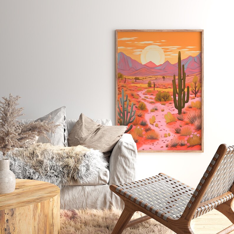 May include: A digital illustration of a desert landscape with a sunset in the background. The scene features a path leading through the desert with cacti and other desert plants. The sky is a vibrant orange and pink.