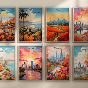 May include: A collage of ten colorful cityscapes with autumnal foliage. Each image features a different city name, including Bern, Cannes, Delhi, Glasgow, Helsinki, Houston, Liverpool, Milan, and more.