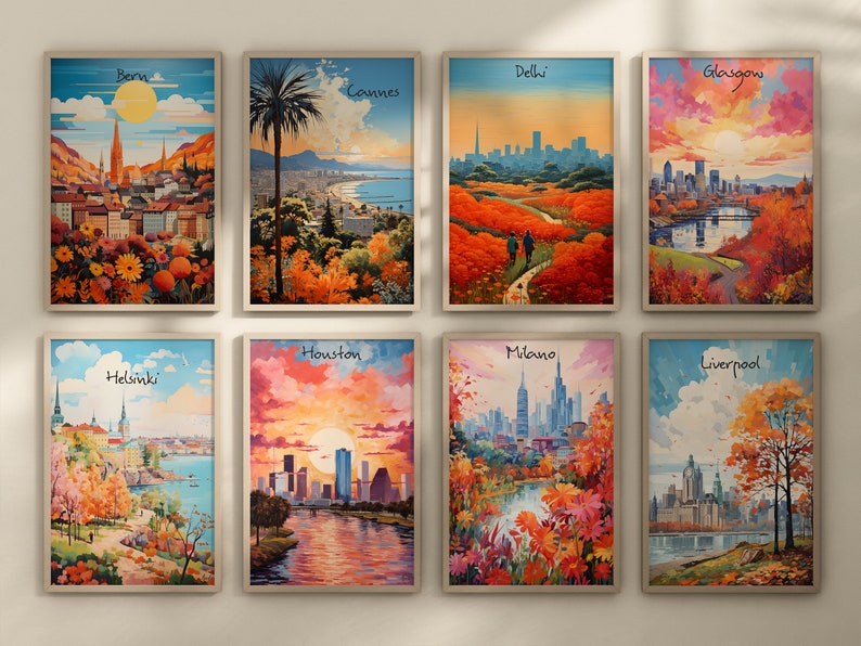 May include: A collage of ten colorful cityscapes with autumnal foliage. Each image features a different city name, including Bern, Cannes, Delhi, Glasgow, Helsinki, Houston, Liverpool, Milan, and more.
