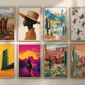 May include: A set of nine framed prints with a western theme. The prints feature a variety of subjects, including cacti, cowboys, and landscapes. The prints are all in a similar style, with bright colors and bold lines.
