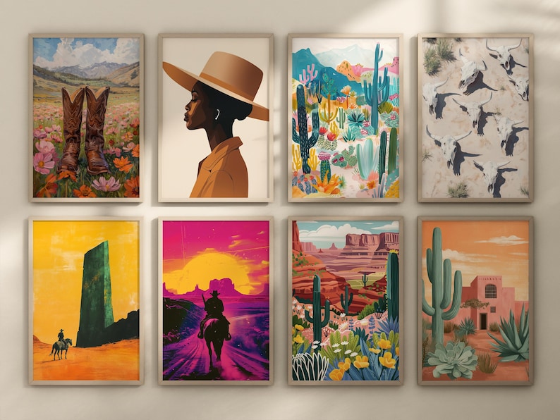 May include: A set of nine framed prints with a western theme. The prints feature a variety of subjects, including cacti, cowboys, and landscapes. The prints are all in a similar style, with bright colors and bold lines.