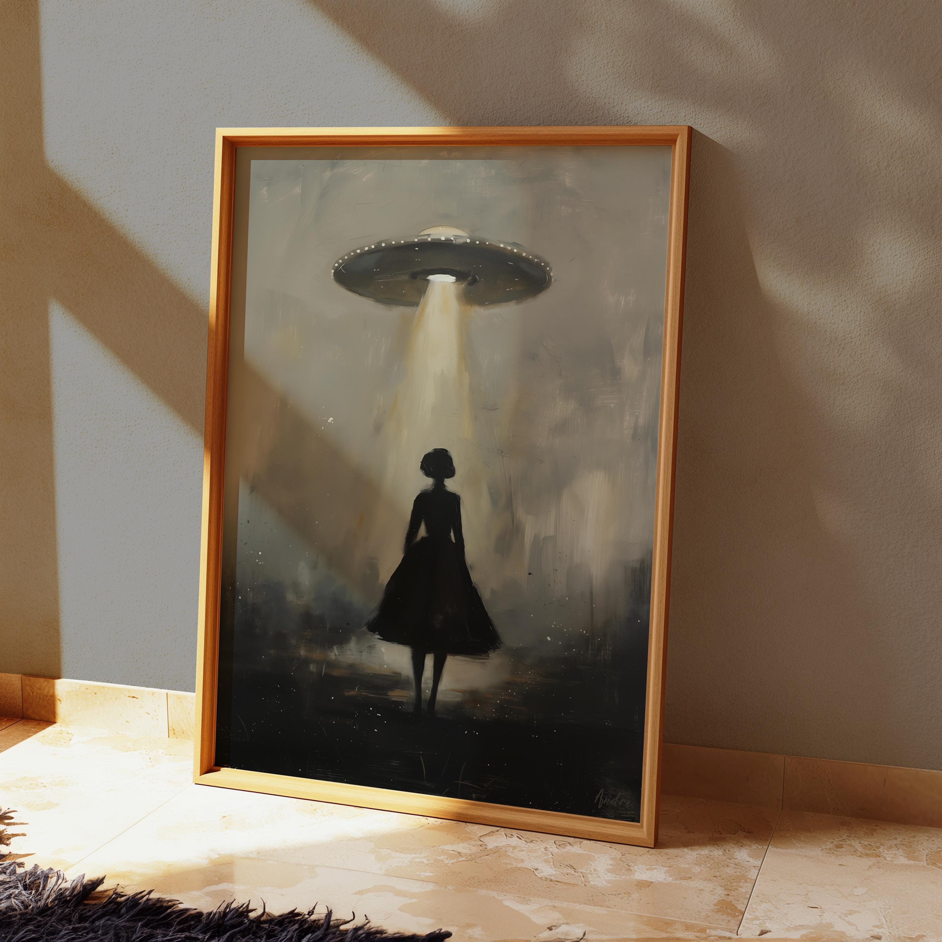 Vintage UFO Painting Art Print, Sci-fi Alien Abduction Wall Decor ...