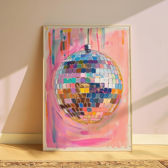 Hand Drawn Disco Ball Painting Printable Wall Art For Home Decor Pink Disco Ball Poster Aesthetic Printable Art Digital Download