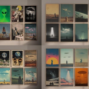 May include: A collection of framed art prints featuring vintage-style illustrations of aliens, UFOs, and otherworldly landscapes. The prints showcase a variety of scenes, including alien portraits, flying saucers, and figures in surreal settings. The color palette includes greens, blues, and earth tones.