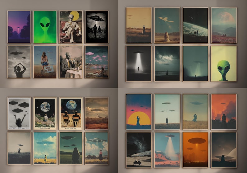 May include: A collection of framed art prints featuring vintage-style illustrations of aliens, UFOs, and otherworldly landscapes. The prints showcase a variety of scenes, including alien portraits, flying saucers, and figures in surreal settings. The color palette includes greens, blues, and earth tones.