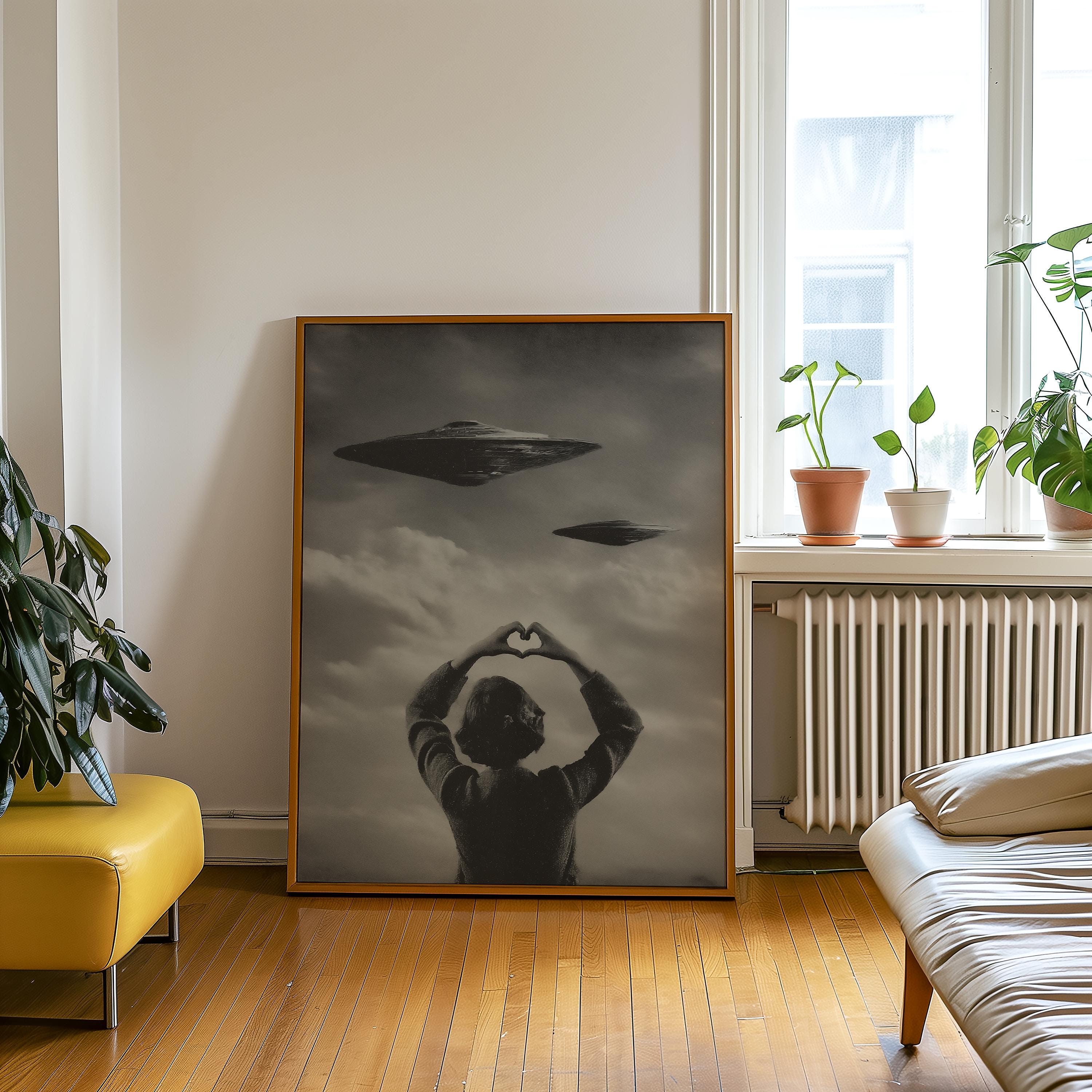 Vintage UFO Wall Art Surreal Retro Sci Fi Wall Print Black and