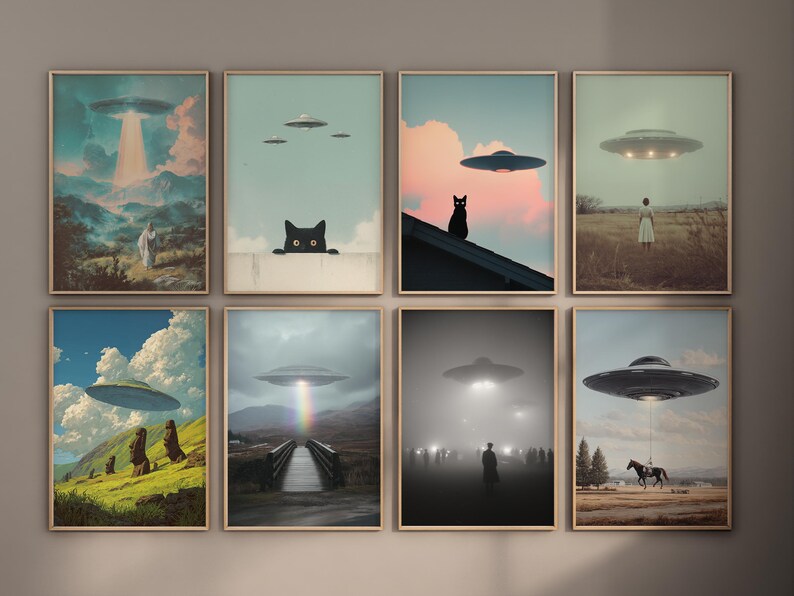 May include: A collection of eight framed art prints featuring surreal scenes with UFOs. Each print showcases a different landscape with a flying saucer, some with figures, cats, and atmospheric effects like rainbows and fog.