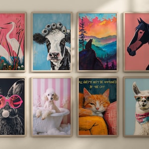 May include: A set of 10 framed art prints featuring various animals and scenes. The prints are all in a similar style, with a whimsical and colorful aesthetic. The prints include a cow with curlers, a llama wearing sunglasses, a cat with the text "All guests must be approved by the cat", a rabbit wearing sunglasses, a dog in a bathtub, a horse, two birds, and a mountain scene.