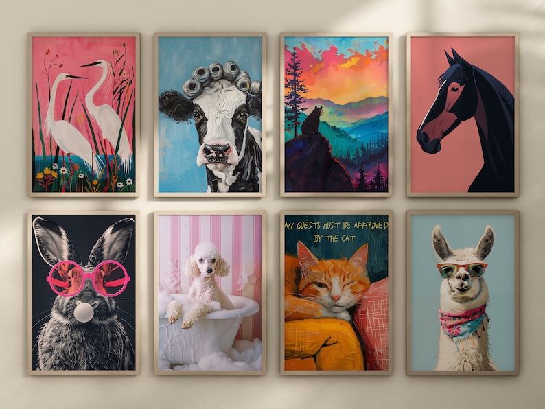 May include: A set of 10 framed art prints featuring various animals and scenes. The prints are all in a similar style, with a whimsical and colorful aesthetic. The prints include a cow with curlers, a llama wearing sunglasses, a cat with the text "All guests must be approved by the cat", a rabbit wearing sunglasses, a dog in a bathtub, a horse, two birds, and a mountain scene.