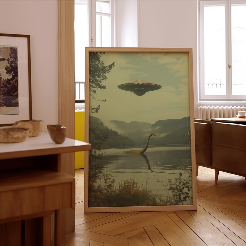 K&ouml;nnte beinhalten: Ein gerahmter Druck eines gr&uuml;nen, langhalsigen Wesens, das aus einem See auftaucht, &uuml;ber dem eine fliegende Untertasse schwebt. Der See ist von gr&uuml;nen H&uuml;geln und B&auml;umen umgeben. Der Druck hat einen Vintage-Look.