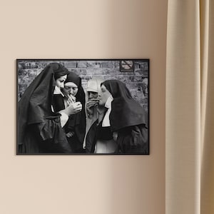 Nuns Poster, Black and White Art, Vintage Wall Art, Funny Wall Art, Printable Photo Decor, Cigarette Vintage Decor, Digital Download image 2