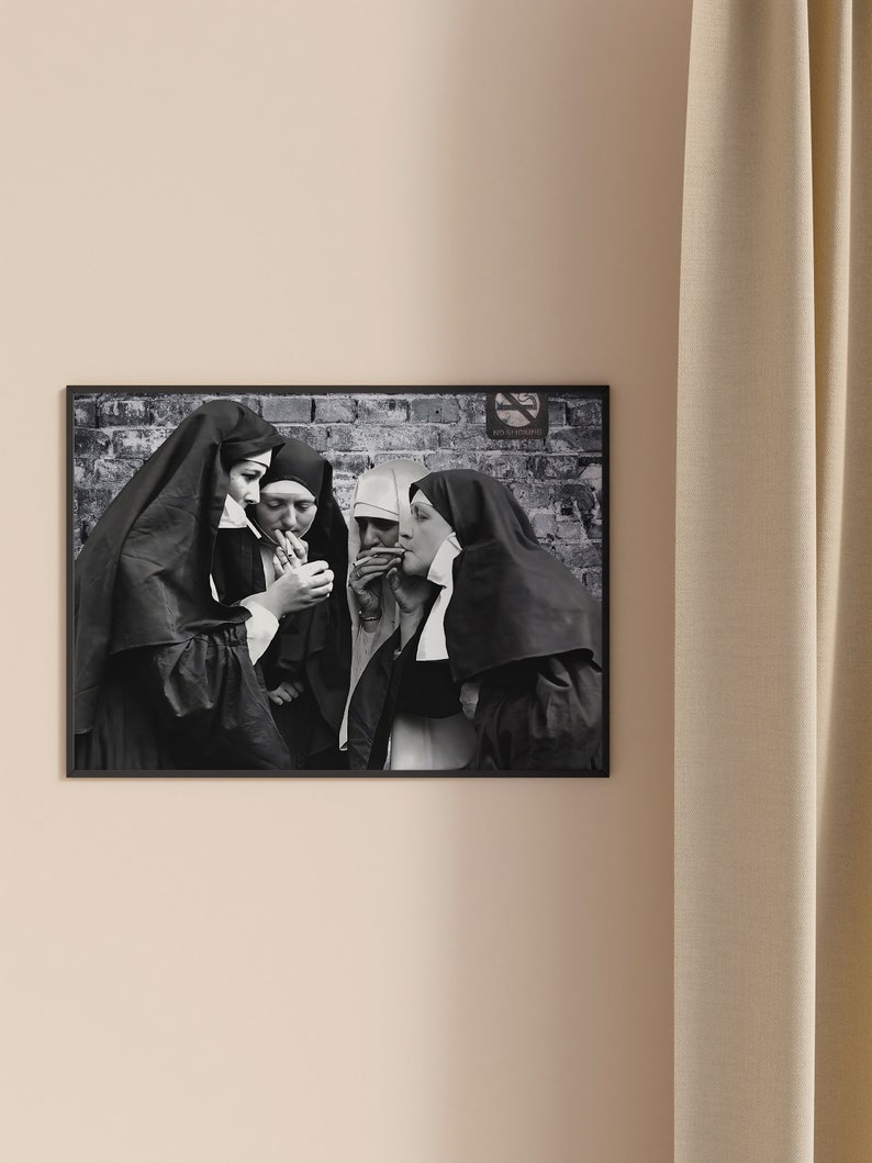 Nuns Poster, Black and White Art, Vintage Wall Art, Funny Wall Art, Printable Photo Decor, Cigarette Vintage Decor, Digital Download image 2