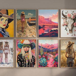 May include: A set of 8 framed art prints featuring various styles, including a cow skull with pink flowers, a desert landscape, a woman in a cowboy hat, and a woman in a cowboy hat with a floral shirt.