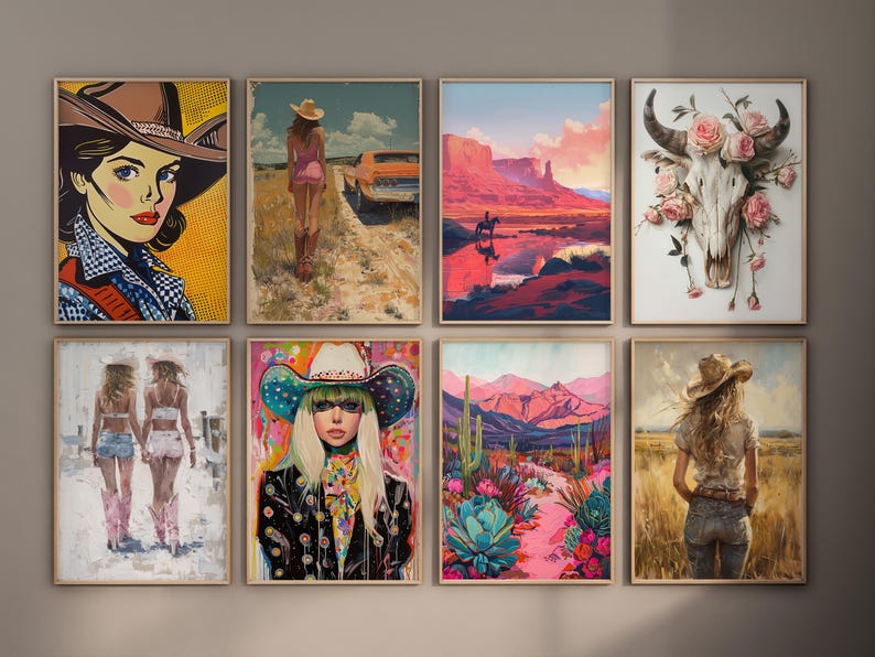May include: A set of 8 framed art prints featuring various styles, including a cow skull with pink flowers, a desert landscape, a woman in a cowboy hat, and a woman in a cowboy hat with a floral shirt.