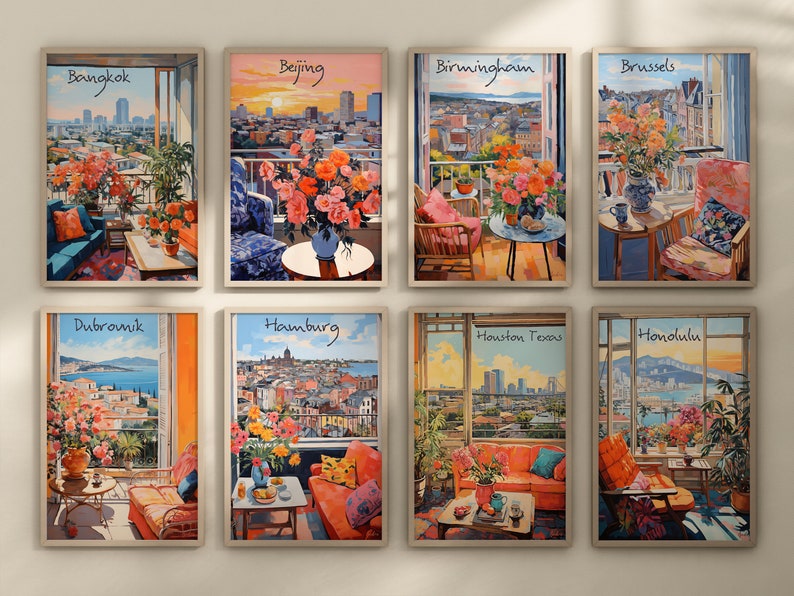 May include: Set of eight framed art prints featuring city views from balconies, each with a different city name: Bangkok, Beijing, Birmingham, Brussels, Dubrovnik, Hamburg, Houston Texas, and Honolulu. The artwork showcases colorful flowers and furniture.