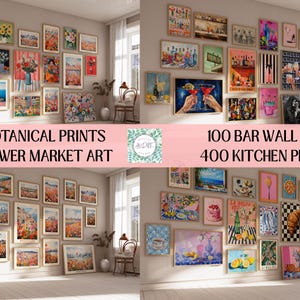 May include: A digital collage showcasing four distinct wall gallery arrangements featuring various framed art prints. The text reads 900 BOTANICAL PRINTS, 100 FLOWER MARKET ART, 100 BAR WALL ART, and 400 KITCHEN PRINTS, with a central logo labeled ANDRE STUDIO.