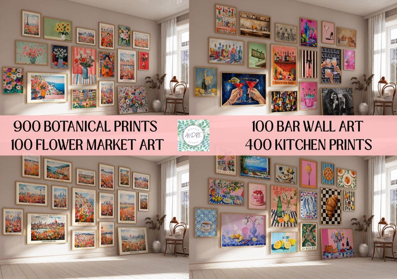 May include: A digital collage showcasing four distinct wall gallery arrangements featuring various framed art prints. The text reads 900 BOTANICAL PRINTS, 100 FLOWER MARKET ART, 100 BAR WALL ART, and 400 KITCHEN PRINTS, with a central logo labeled ANDRE STUDIO.