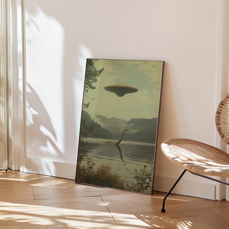 K&ouml;nnte beinhalten: Ein digitaler Kunstdruck, der das Ungeheuer von Loch Ness in einem See zeigt, &uuml;ber dem eine fliegende Untertasse schwebt. Der Hintergrund ist eine neblige, gr&uuml;n-braune Landschaft.