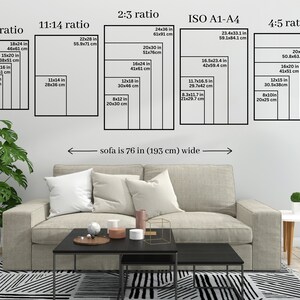 May include: A diagram showing different aspect ratios for artwork, including 3:4, 11:14, 2:3, ISO A1-A4, and 4:5. The diagram includes measurements in inches and centimeters for each ratio. The text "sofa is 76 in (193 cm) wide" is written below the diagram.