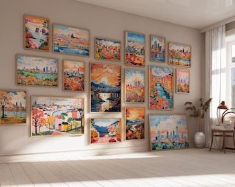 320の世界旅行ポスター壁アート旅行絵画オリジナルアート都市ポスター美的都市壁アート都市景観絵画印刷可能な壁アート