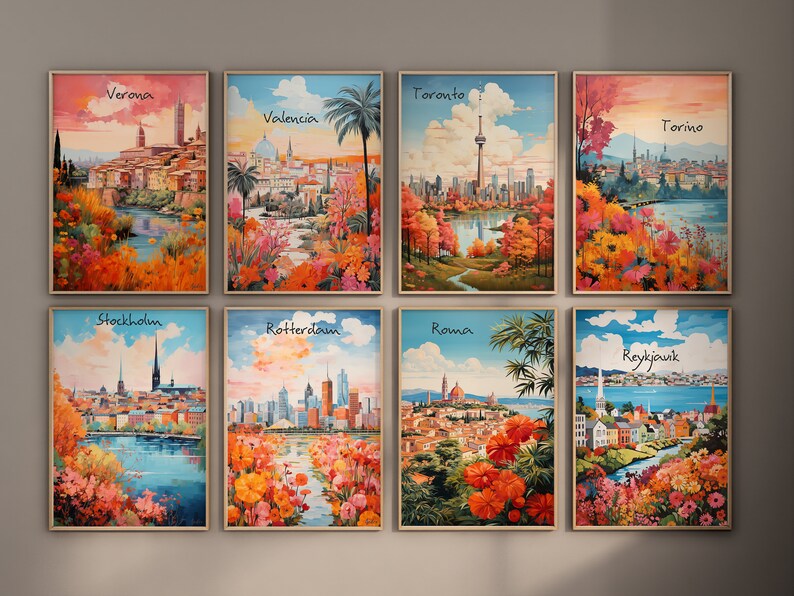 May include: Nine framed art prints featuring colorful illustrations of various cities around the world. Each print has a white background with the city name written in black at the top. The prints are arranged in three rows of three.