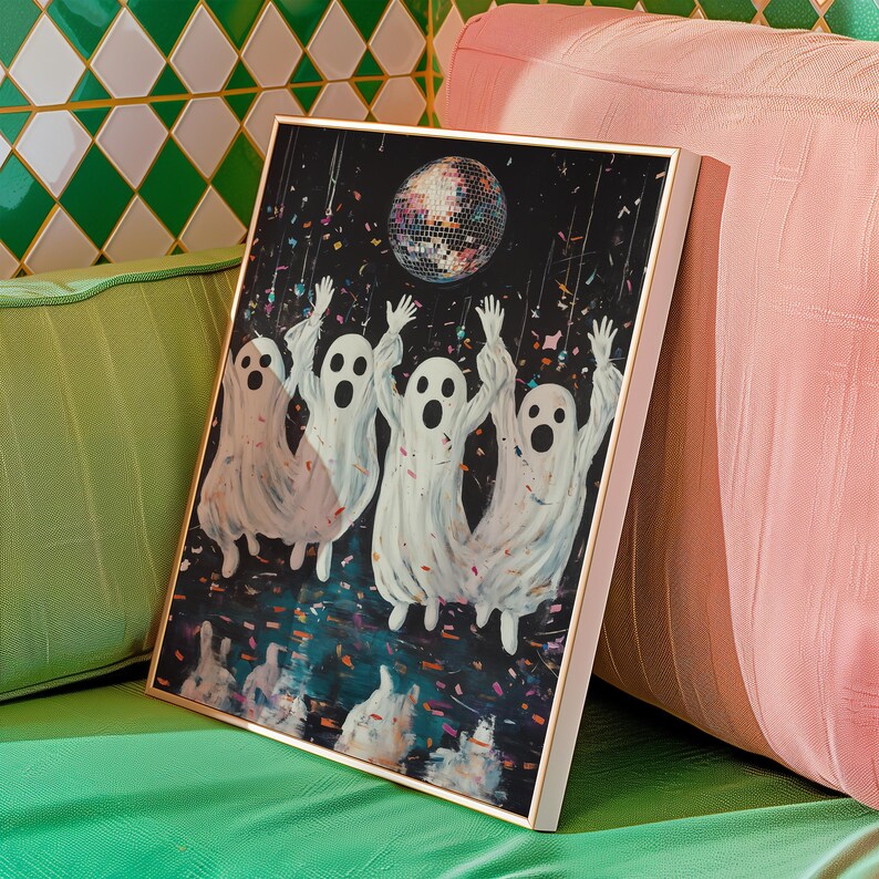 Póster de Halloween con diseño de fantasmas, bola de discoteca, decoración de pared espeluznante, impresión de moda de Halloween, póster estético imprimible para decoración de pared de Halloween imagen 7