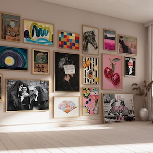 May include: A gallery wall with a variety of framed artwork, including abstract paintings, illustrations, and photographs. The artwork features a mix of colors, patterns, and styles, creating a vibrant and eclectic display.