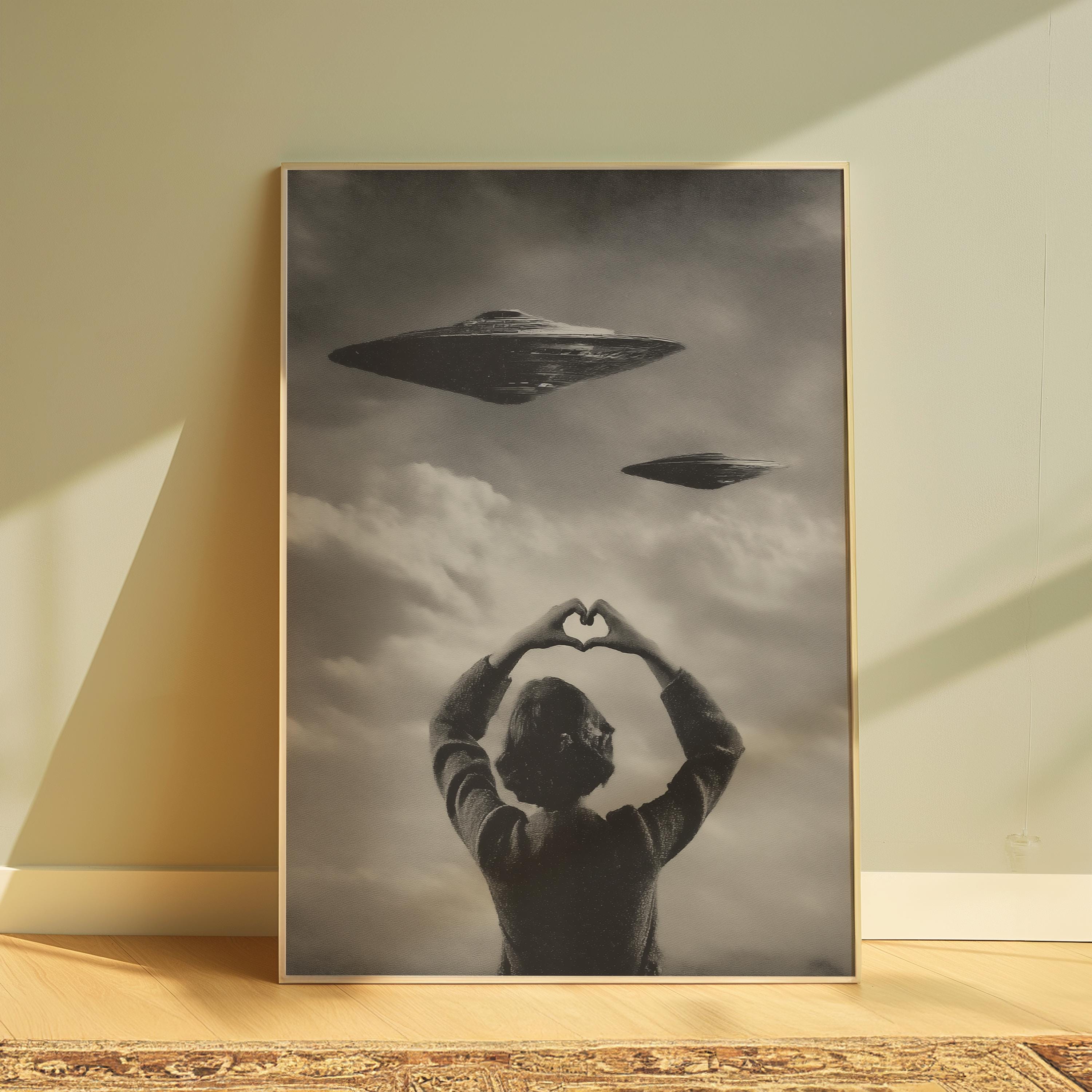 Vintage UFO Wall Art Surreal Retro Sci Fi Wall Print Black and