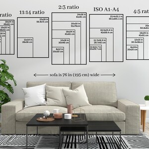 May include: A diagram showing different aspect ratios for artwork, including 3:4, 11:14, 2:3, ISO A1-A4, and 4:5. The diagram includes measurements in inches and centimeters. The text "sofa is 76 in (193 cm) wide" is written below the diagram.