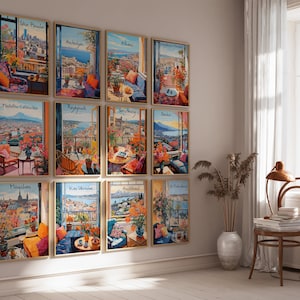 May include: A collection of framed art prints depicting scenic city views from balconies, including Sao Paulo, Antalya, and Athens. Each print features vibrant colors and floral arrangements, creating a warm and inviting atmosphere. The prints are displayed on a neutral wall.
