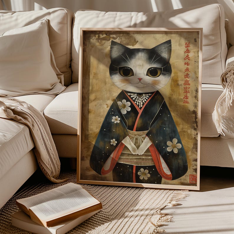 Japanese Cat Print Wall Art Japanese Cat Painting Cat Lover Gift Home ...
