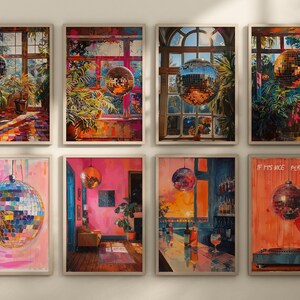 May include: A set of eight framed prints featuring disco balls in various settings. The prints are all in a similar style, with a bright, colourful background and a disco ball hanging from the ceiling. The disco balls are all different colours and sizes, and some of them are covered in glitter. The prints are all framed in a simple, white frame.